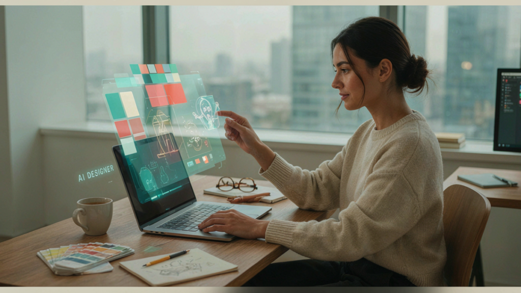 Graphic designer using AI tools for creative design workflow