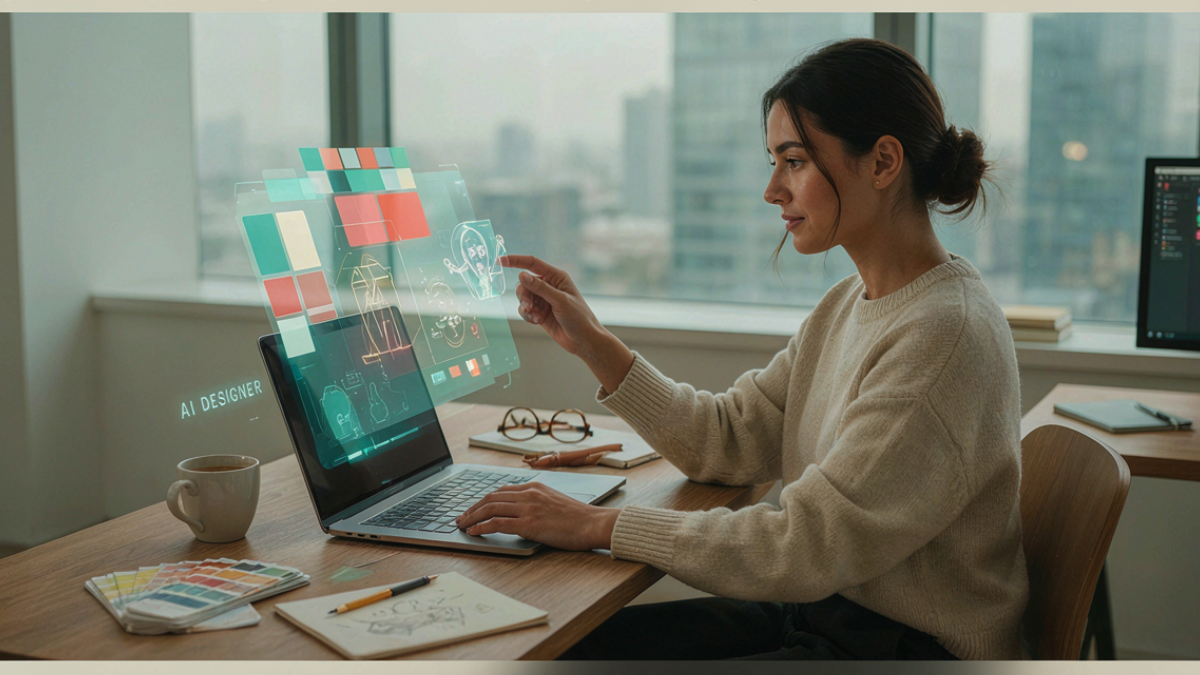 Graphic designer using AI tools for creative design workflow