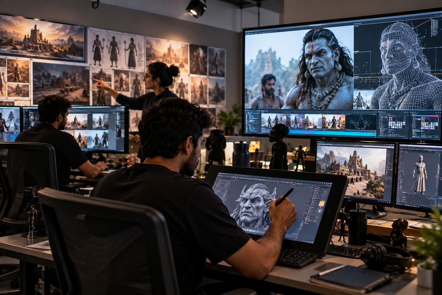 Animators in a VFX studio sculpting a character on a drawing tablet while a colleague reviews concept art on the wall