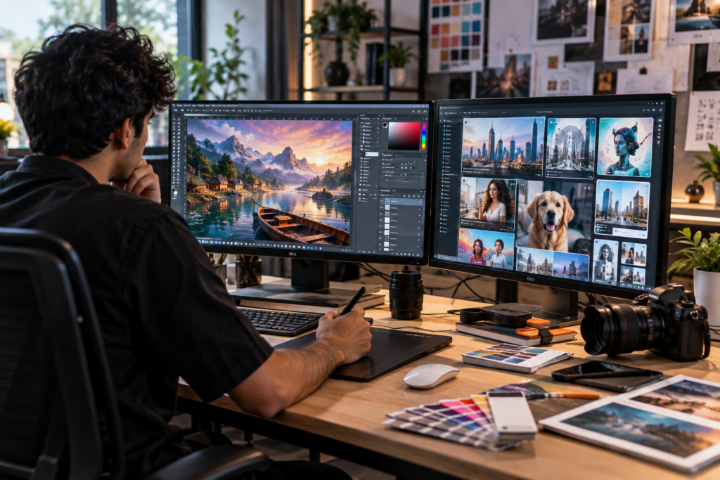 Graphic designer using a pen tablet with Photoshop on one monitor and a grid of AI-generated images on the other