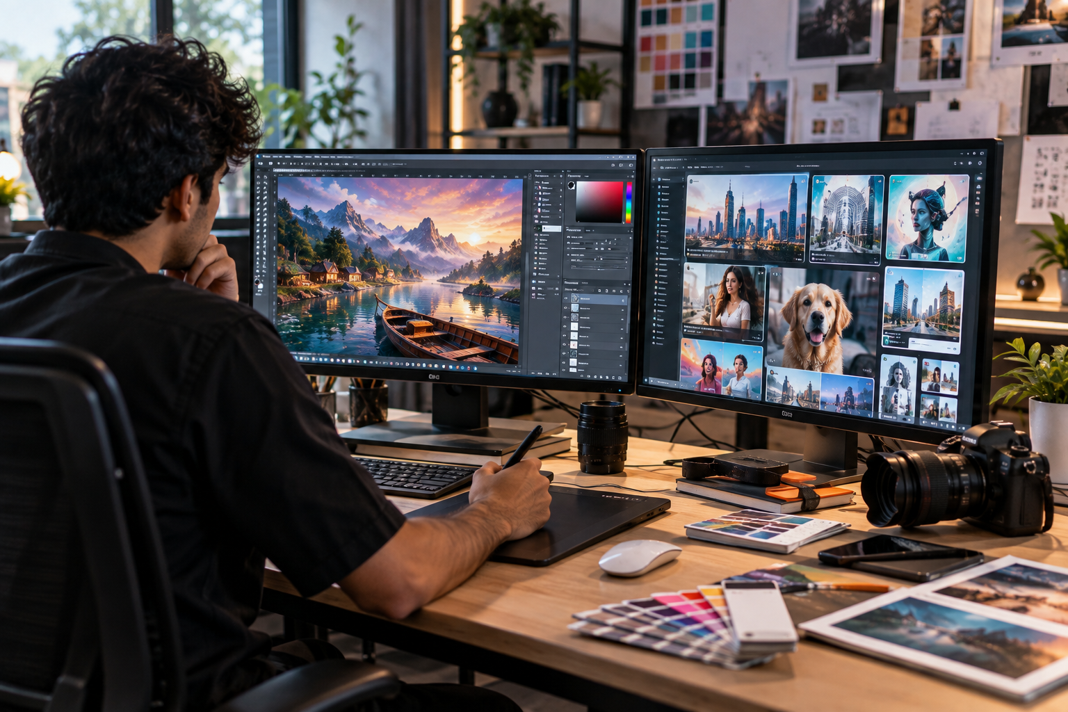 Graphic designer using a pen tablet with Photoshop on one monitor and a grid of AI-generated images on the other